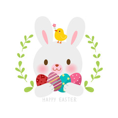 Happy Easter.Cute Easter bunny and cute chick