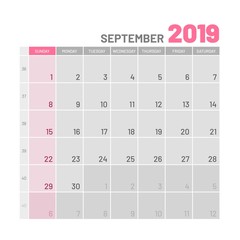 Practical light-colored planner, 2019 September, flat. Useful calendar for taking every day notes. Vector illustration