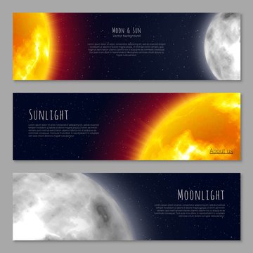 Set three business cards, cosmos theme, copy space, realistic. Invitations, flyers and posters with moon, sun and stars. Vector illustration of tickets collection