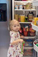 Little girl getting a yogurt tube out of the fridge