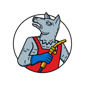 recommend clip art: Mono line illustration of wild dog, wolf or dog welder, ,ironworker, pipefitter, boilermaker, or miller holding a welding torch looking up set inside circle done in monoline style.