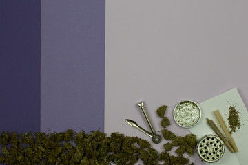 Weed buds with metal cleaning tool, grinder, joint and cone rolling paper on purple and ultraviolet surface