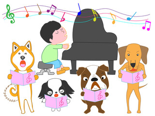 犬のコンサート。犬が楽器で演奏している。