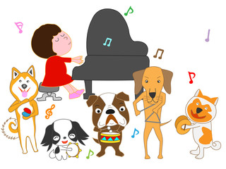Obraz na płótnie Canvas 犬のコンサート。犬が楽器で演奏している。