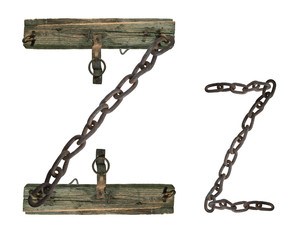 letter Z from rusty old chains and rotten wooden leash, isolate on white background