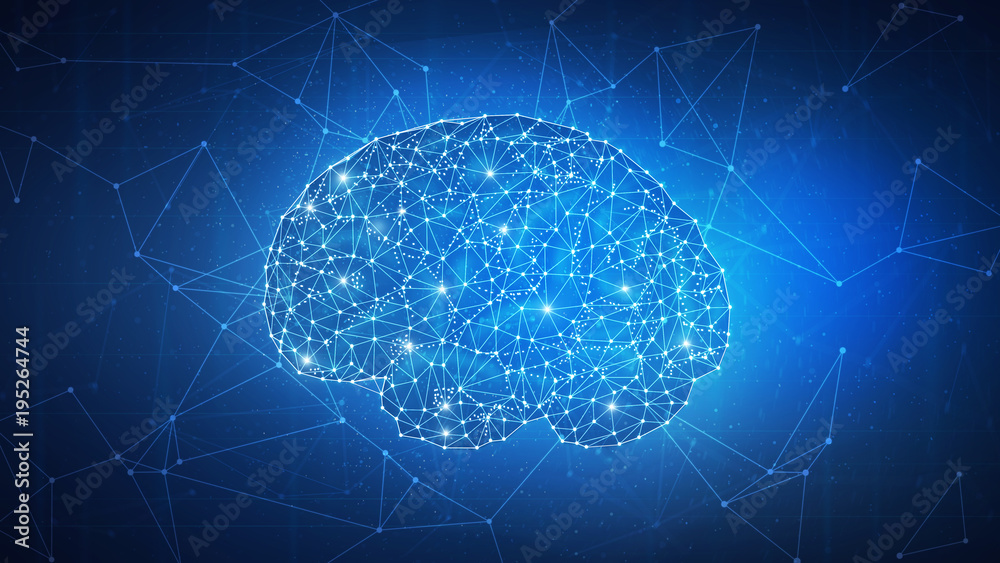 Poster blockchain technology network futuristic hud polygon human brain on peer to peer blockchain network 