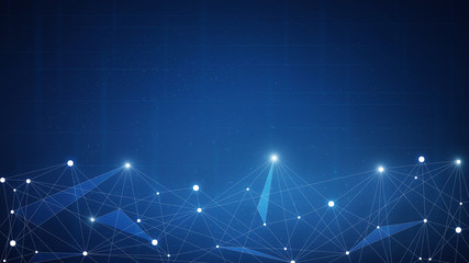 Fototapeta premium Sieć technologii blockchain futurystyczne tło hud z łańcuchem bloków wielokątów sieci peer to peer. Globalny baner biznesowy blockchain kryptowaluty fintech.