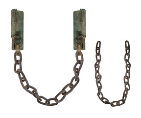 letter U from rusty old chains and rotten wooden leash, isolate on white background