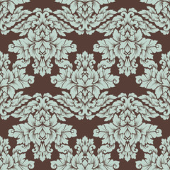 Damask seamless pattern intricate design. Luxury royal ornament, victorian texture for wallpapers, textile, wrapping. Exquisite floral baroque lacy flourish repeating tile in brown and light blue