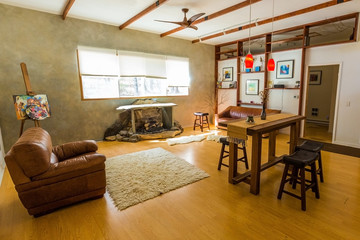 Living room with sofas and fireplace at home