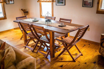 Empty wooden dining table at home
