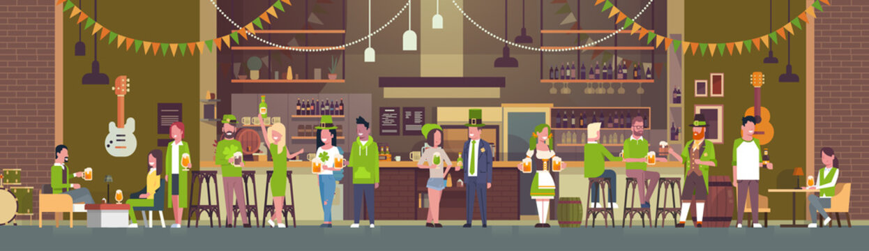 Party For St. Patricks Day In Irish Pub Or Bar With Group Of People Wearing Green Clothes And Drinking Beer Flat Vector Illustration