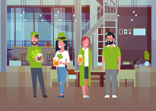 People Celebrate Traditional Saint Patricks Day Wearing Green Clothes And Drinking Beer Flat Vector Illustration