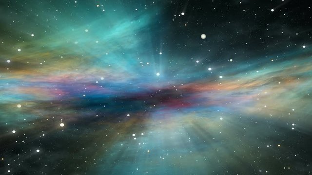 Colorful nebula and twinkling stars, universe, traveling through deep space, imaginary nebula, star field and rays of light, dynamic background, animation, abstract illustration