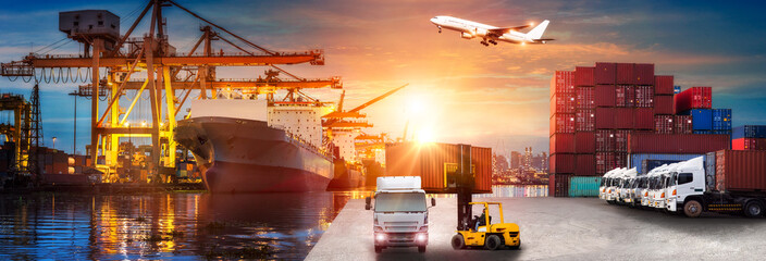 Logistics and transportation of Container Cargo ship and Cargo plane with working crane bridge in...