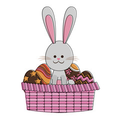 Cute rabbit on basket with easter eggs vector illustration graphic design
