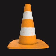 Traffic cone. Orange road sign with white stripes 3d render on black background. Under construction concept.