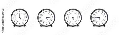 Closeup Group Of Alarm Clock For Decoration Show The Time In 5 5 15 5 30 5 45 P M Isolated On White Background Wall Mural Kenkuza