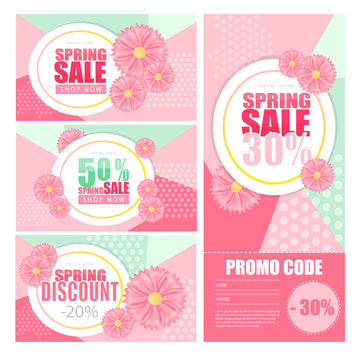 Spring sale background banner beautiful pink flower. Vector illustration. Promo code card