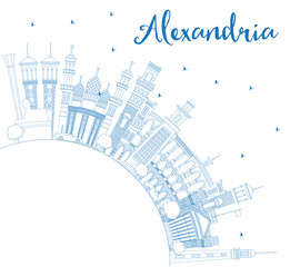 Outline Alexandria Egypt City Skyline with Blue Buildings and Copy Space.