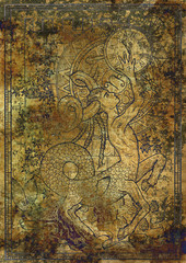 Zodiac sign Capricorn on old fabric texture background. Hand drawn fantasy graphic illustration in frame