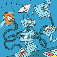 Cartoon Robot Processing Information