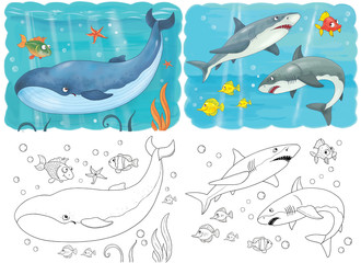 Obraz premium Cute sea animals. Ocean. Coloring book. Coloring page. Funny cartoon characters