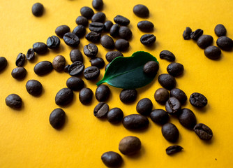 coffe beans and green leaf on yellow background