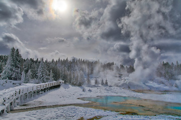 Norris Geyser Basin Walking Platform with Snow, Hot Springs