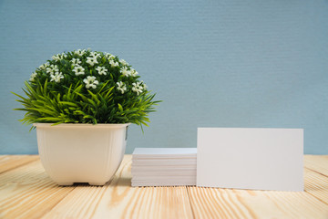 Blank business cards and little decorative tree in white vase on wooden working table with copy space for add text ID. and logo, business company concept.