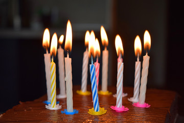 Twelve cake candles are burning on the cake.