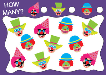 Count how many clowns. Learning numbers, mathematics. Game for children.