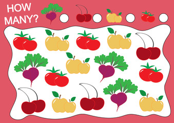 Count how many fruits, berries and vegetables. Learning numbers, mathematics. Game.