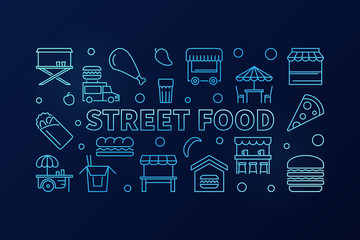 Street food blue horizontal banner. Vector outline illustration