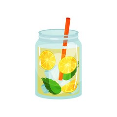 Glass jars of sweet detox cocktail. Delicious refreshing drink with lemons slices, green mint leaves, ice cubes and red straw. Flat vector design for menu or promo poster