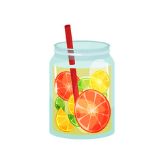 Fresh detox drink with slices of grapefruit, lemon and lime. Delicious and healthy cocktail. Natural beverage in glass jar with red straw. Flat vector for cafe or restaurant menu