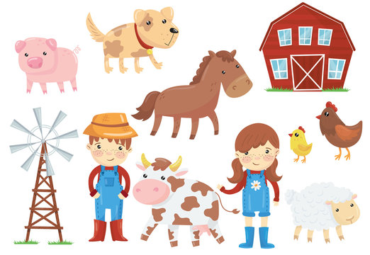 Flat vector illustration of various domestic animals livestock, birds, kids in blue working overalls, wind pump, wooden barn. Farm theme. Set of cartoon icons