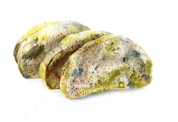 Moldy bread, isolated on white background