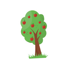 Cartoon fruit tree with ripe red apples. Organic farm product. Agricultural plant. Gardening concept. Natural and healthy food. Colorful flat vector icon