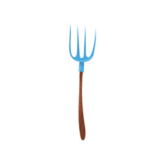 Flat vector icon of blue pitchfork with four tines and long wooden handle. Used to lift hay, straw or leaves. Gardening tool. Farming equipment. Agricultural instrument