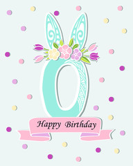 Vector illustration with number Zero, Bunny ears and floral wreath. Template for Baby Birth, party invitation, greeting card. Cute Number Zero as logo, patch, sticker. Vector illustration.