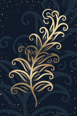 Vector decorative golden drawing of stylized plant branch