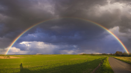 Rainbow over the spring field after the evening storm