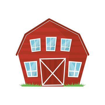 Red wooden farm barn with big windows for keeping animals or agricultural equipment. Cartoon rural building. Countryside architecture. Colorful flat vector design