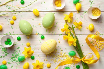 Easter Background with Easter Eggs and Spring Flowers