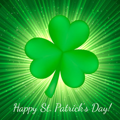 St. Patrick's Day greeting card on a bright green background with clover. Easy to edit vector design template.