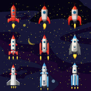 Set space rocket, spaceship, space background, cartoon style, Vector illustration