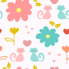 Cute seamless pattern with repeating cats, flowers and hearts. Drawn by hand, sketch, doodle.