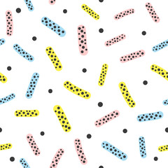 Bright seamless pattern for children. Repeated geometric shapes drawn by hand. Trendy sketch, doodle.
