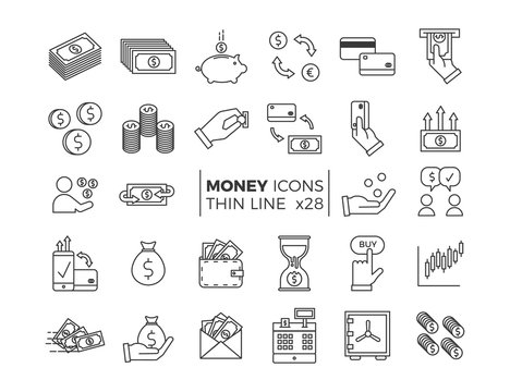 Money and Finance icons. Vector thin line pictograms of different economy subjects - savings, salary, payments, transactions.